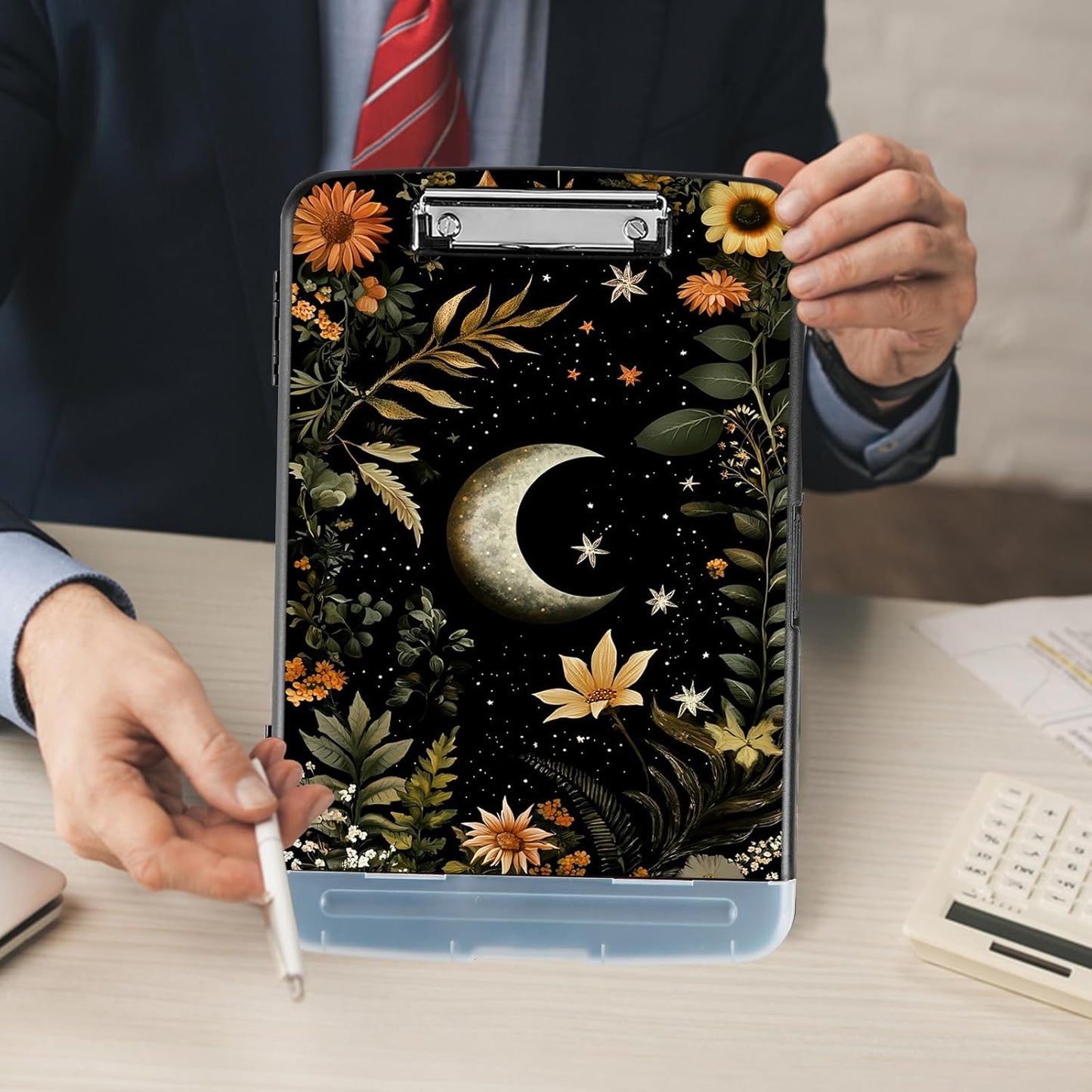 Clipboard with Storage - Large Capacity,Nursing Clipboard with Pen Holder,Heavy Duty,Plastic Side-Opening Folder for Teacher,Nurse - Moon and Flowers