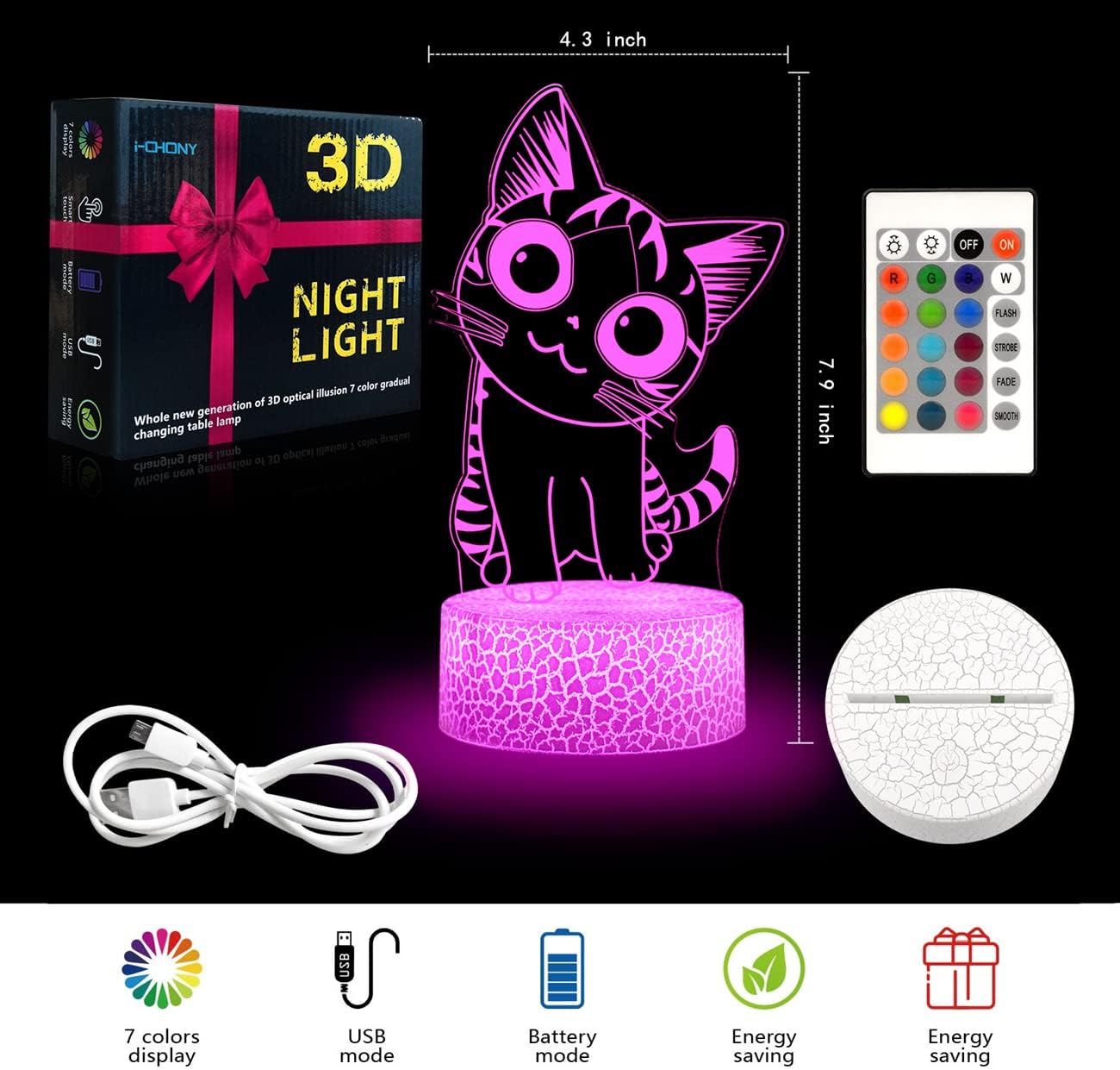 i-CHONY Cat Night Light for Girls,3D Optical Illusion Lamp 16 Colors Dimmable Led Light with Remote & Luminous Base,Cat Gifts for Women Teens Boys Girls Kids Christmas Gifts