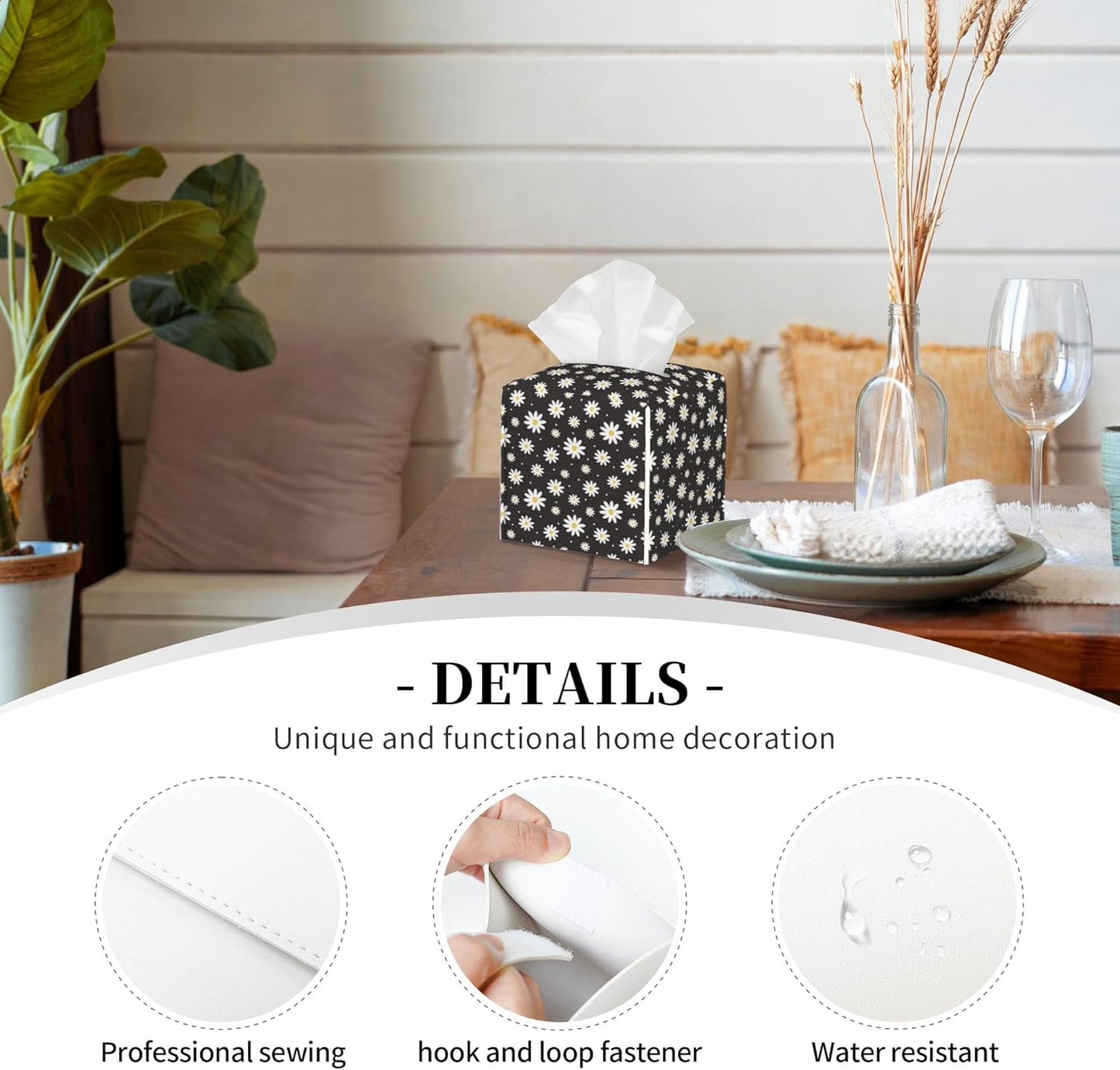 White Daisy Flowers Tissue Box Cover Square,Vintage Groovy Daisies Tissue Box Holder Waterproof Leather Facial Paper Organizer Dispenser for Bathroom Home Car Nightstand Vanity Desk