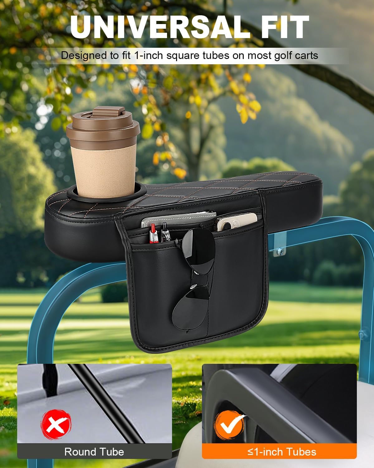 Golf Cart Armrest with Cup Holder & Rear Seat Organizer, No Drilling Golf Cart Diamond Arm Rest Fits 1" Square Tube Frame Compatible with EZGO Club Car Yamaha, Enhanced Storage & Comfort