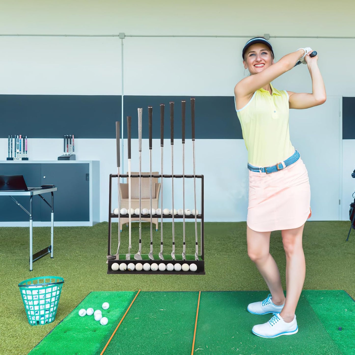 Wooden Golf Putter Stand with Ball Storage - Holds 8 Clubs & 22 Golf Balls, Space-Saving Golf Club Holder for Indoor/Home/Office/Simulator/Driving Range - Golf Accessories & Training Aid