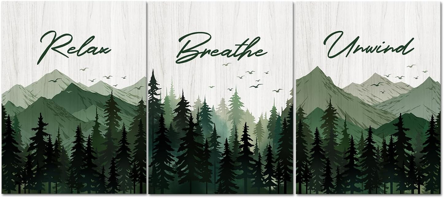 Saypeacher Green Bathroom Wall Art Misty Forest Pictures Relax Breathe Unwind Sign Wall Decor Watercolor Pictures for Bathroom Prints