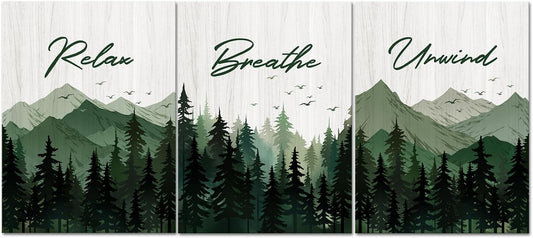Saypeacher Green Bathroom Wall Art Misty Forest Pictures Relax Breathe Unwind Sign Wall Decor Watercolor Pictures for Bathroom Prints