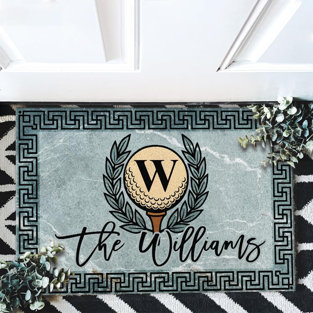 Personalized Golf Doormat with Monogram Initial – Custom Family Name Rug with Laurel Wreath & Marble Background – Non Slip Outdoor Entry Mat for Porch, Golf Club, or Man Cave Decor