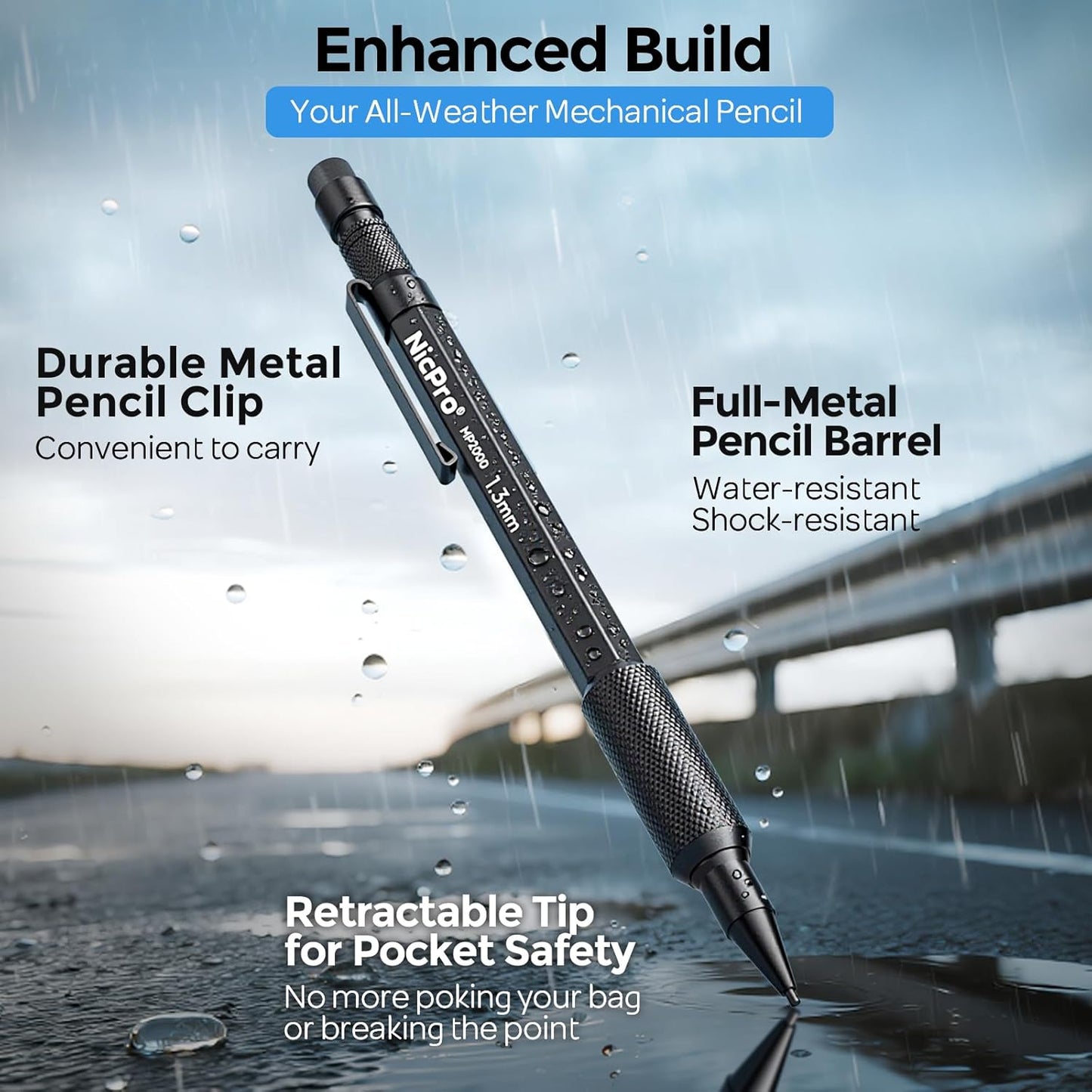 Nicpro 3 PCS 1.3 mm Blacke Mechanical Pencils Set with 48 Lead Refill, 3 Eraser - Weatherproof Metal Barrel, Heavy Duty Carpenter Pencil MP2000 for Outdoor Marking Drafting Drawing Woodworking