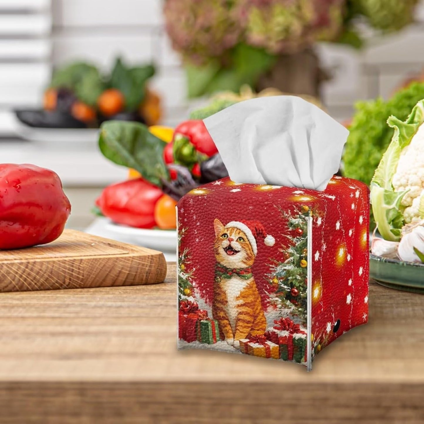 Cute Cat Christmas Tissue Box Cover Square Tissue Box Cover Red Tissue Holder 5x5 x 5 mas Home Decoration Accessories for Desk Bathroom Vanity Countertop
