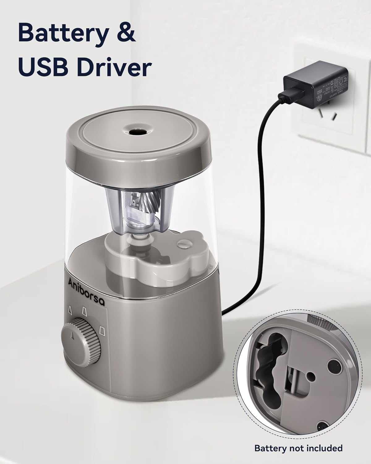 Electric Pencil Sharpener, Helical Blade Automatic Pencil Sharpener, Battery/USB Cord Operated Adjustable Sharpness for 6-8 mm Pencil, Classroom, School, Office, Home, Gray