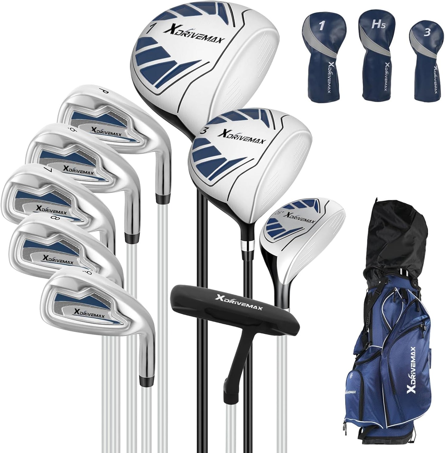 10 Pieces Golf Clubs Full Set Mens Right Hand,Golf Set Includes Stand Bag with Rain Hood, 1#Driver 3#Wood #5 Hybrid,with 3 Head Covers, 6# 7# 8# 9# PW# Irons and Putter