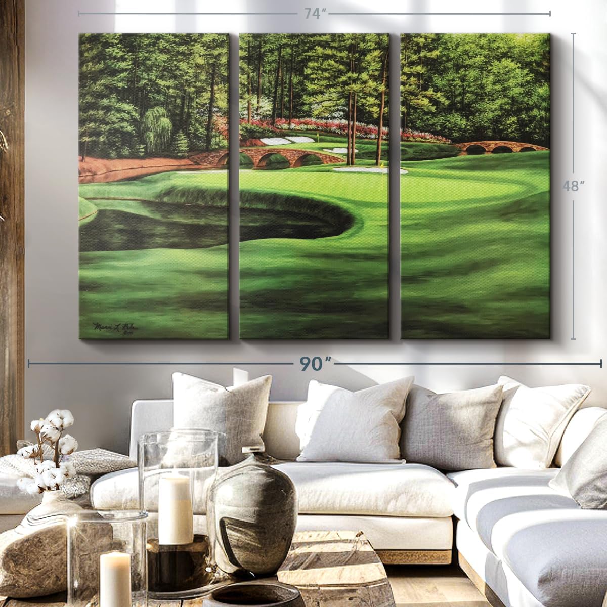 ElephantStock Augusta National 11th Hole I Wall Art - Horizontal Canvas - 3-Piece Living Room Wall Decor - Painting Sports Canvas Print - Green and Brown Decor for Wall by Marci Rule - 74" X 48"