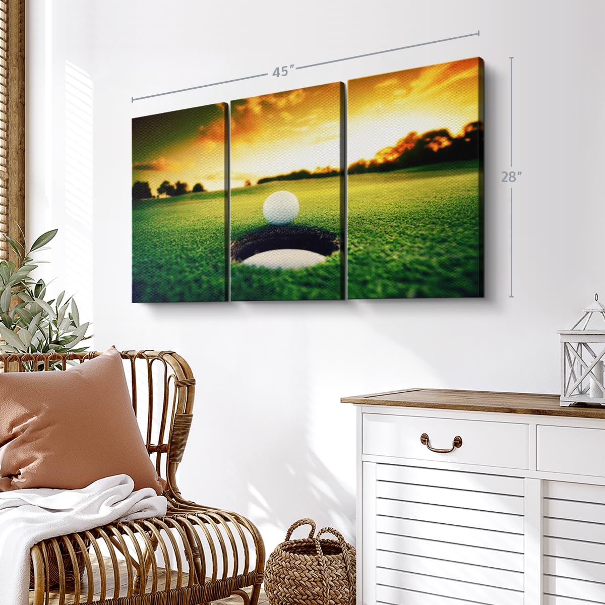 ElephantStock Golf Ball Wall Art - Horizontal Canvas - 3-Piece Living Room Wall Decor - Photography Sports Canvas Print - Orange and Yellow Decor for Wall - 45" X 28"