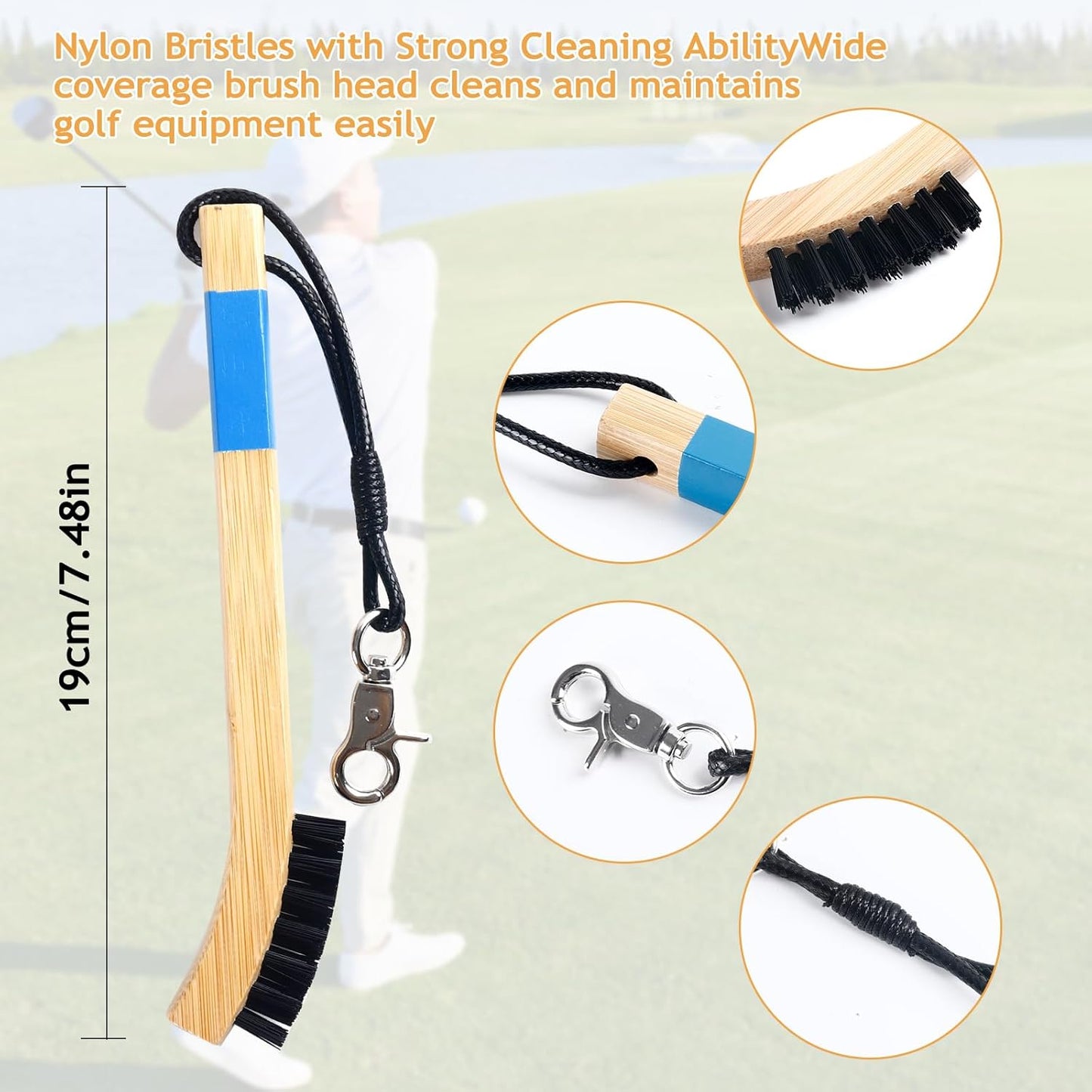 Pro Golf Club Cleaning Brush with Ergonomic Handle, Rope and Metal Clip, Heavy Duty Nylon Bristles Cleans Grooves Without Damaging Rod Face - Golf Accessories