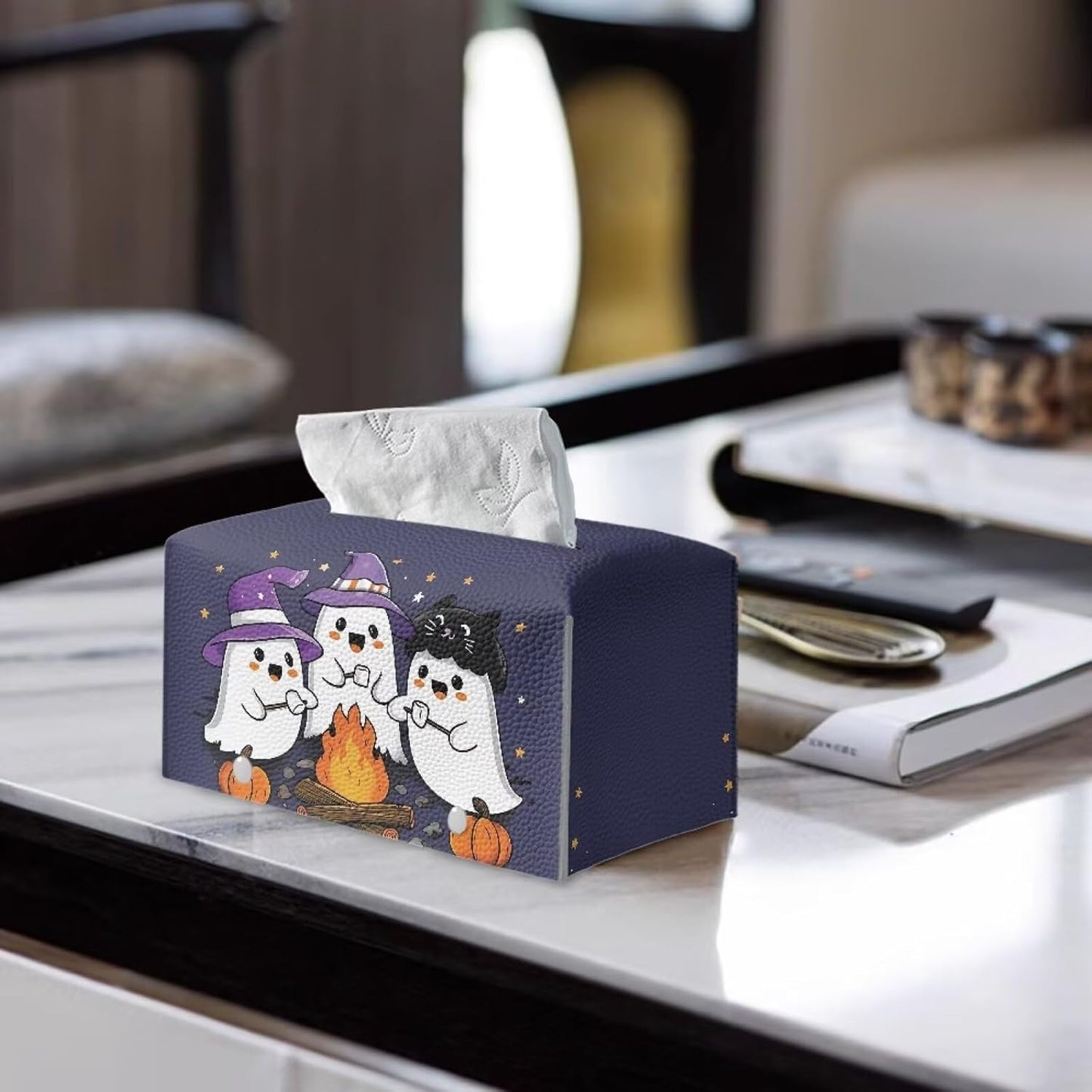 Halloween Tissue Box Cover Home Decor Cute Ghost Tissue Cover Leather Napkin Holder Organizer Rectangular Design Fit Size 9.7"x5.2"x5.12"