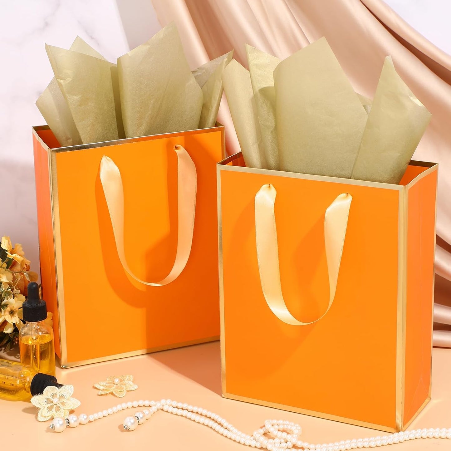 Yeaqee 24 Pack Metallic Paper Gift Bags with Handle and Tissue 9x7x3.1 Gold Foil Welcome Favor Bags Return Gifts for Wedding Fall 5 Senses Christmas Bridesmaid Birthday(Orange, Gold)