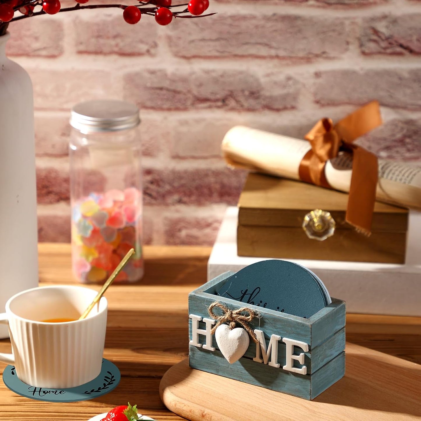 Queekay Housewarming Gifts for Home Decoration Wooden Heart Coasters for Drinks 6 Set Farmhouse Coasters with Holder Funny for Family Coffee Table Protection, 4''(Ocean Color)