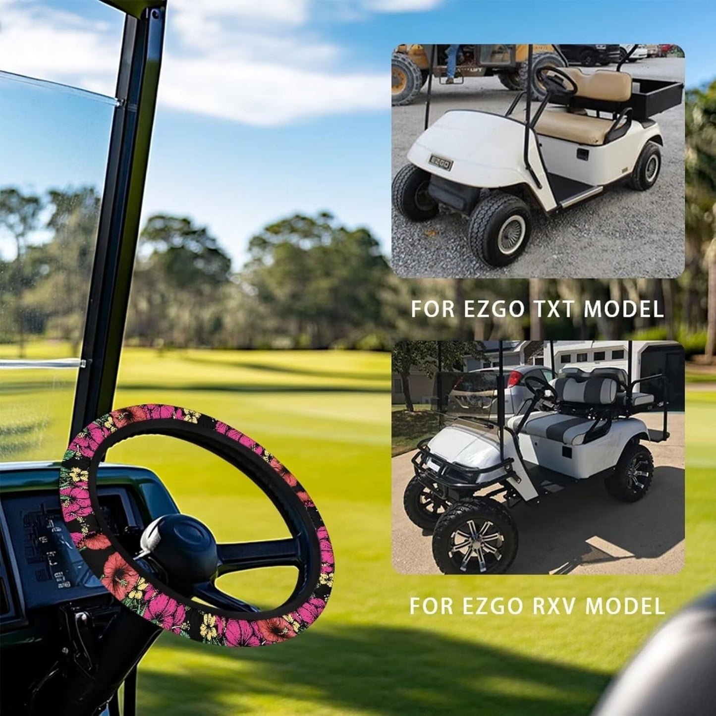 Tropical Flowers Golf Cart Steering Wheel Cover Hibiscus 13-14 Inch Golf Cart Steering Wheel Covers Universal Fit Stretchable Club Car Accessories Cooling in Summer