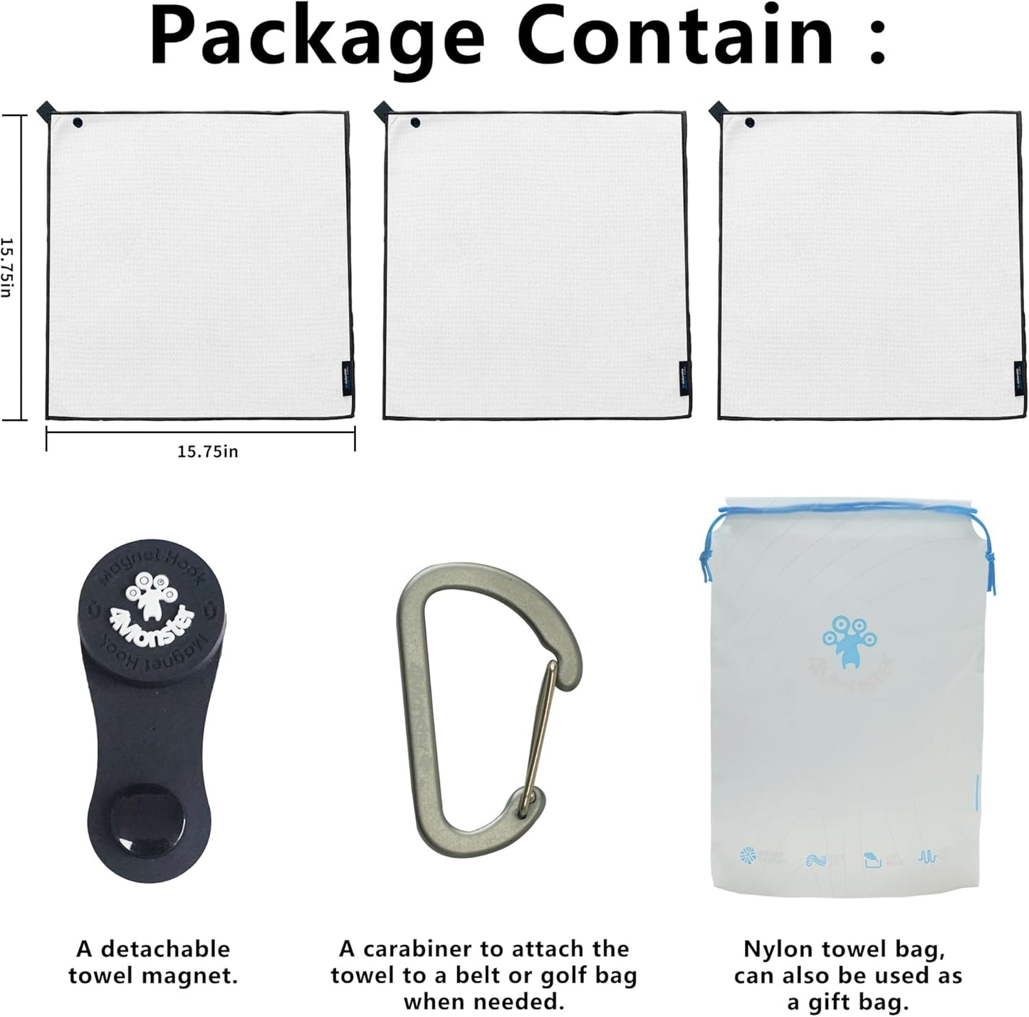 4Monster Golf Towels 3-Pack with Detachable Magnet and Portable Pouch, Quick-Dry Microfiber Golf Towel Set for Golf Bags,Custom Towel Gifts for Men or Women (3, White)