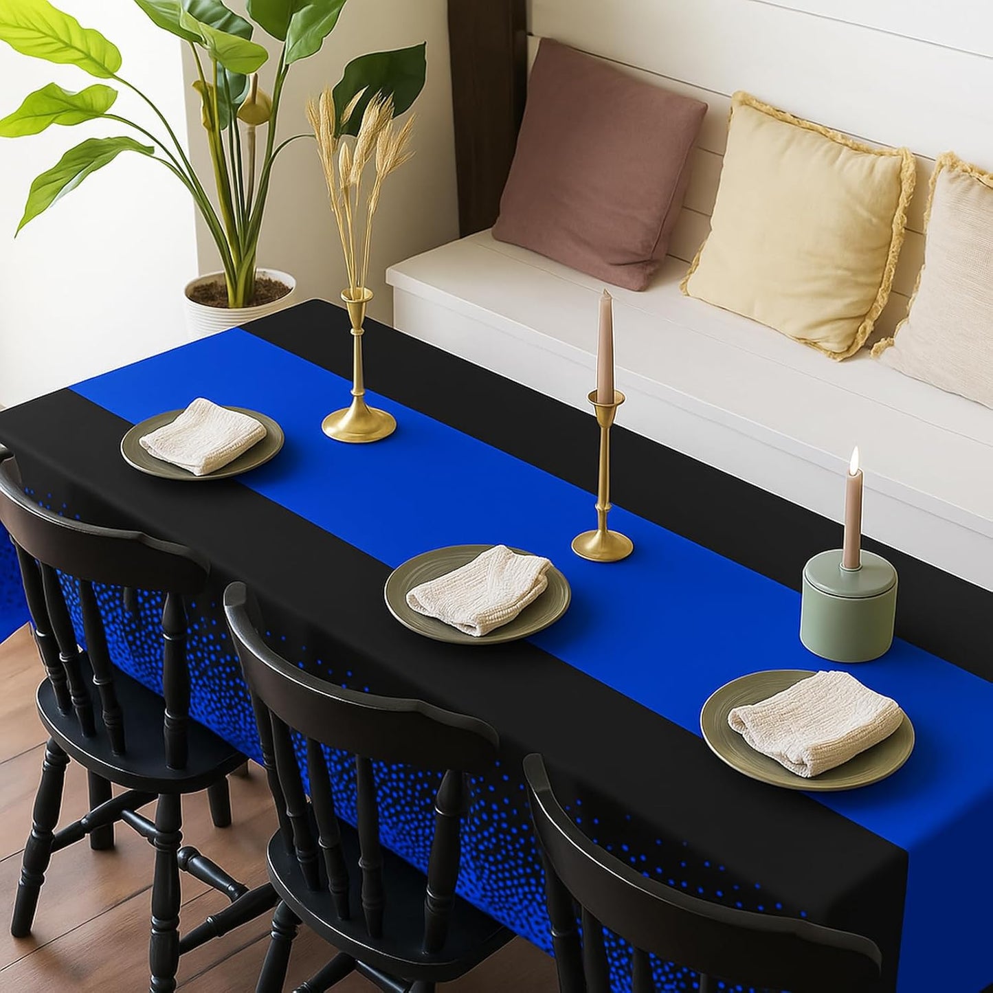 2in1 Disposable Plastic Tablecloths 54" x 108" Black and Blue Dot Kitchen Table Cloth Rectangle Table Cover for Wedding Birthday Baby Shower Anniversary Christmas Graduation (Black/Blue, 3 Pack)