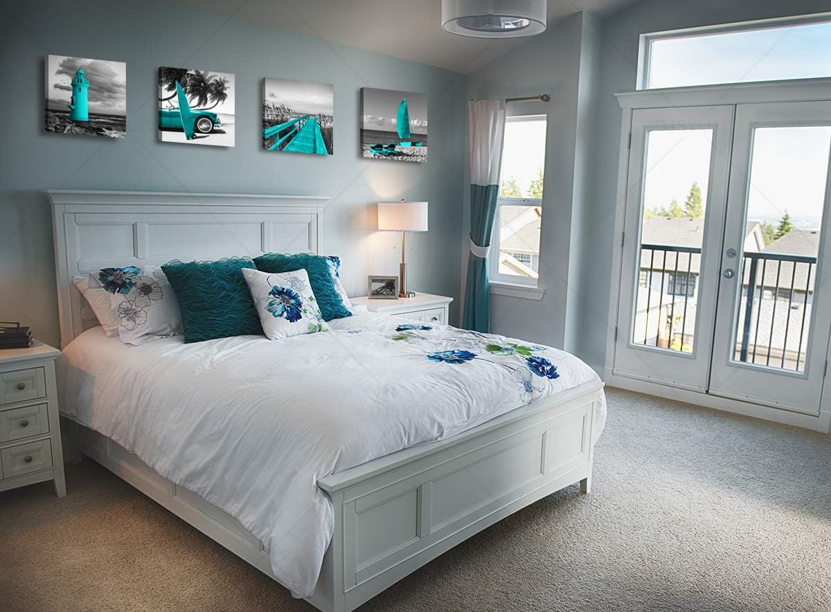 Beach Wall Art Teal Wall Decor Bathroom Decor Sets Accessories Black and White Ocean Lighthouse Painting Palm Tree Surfboard Car Bridge Picture Prints Seascape Office Bedroom Poster 12x12 inches x4