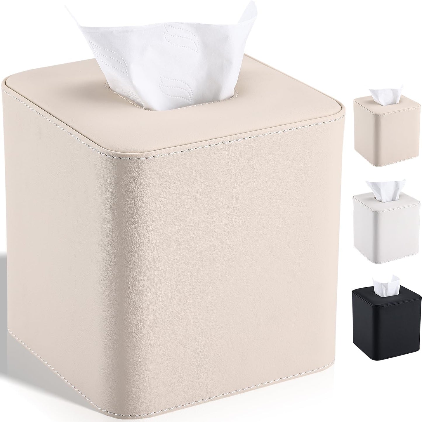 GORESE Leather Tissue Box Cover Square Kleenexs Box Cover, Cute Tissue Box Holder for Cube Box Tissues, Tissue Cover for Bedroom, Living Room, Bathroom, Beige