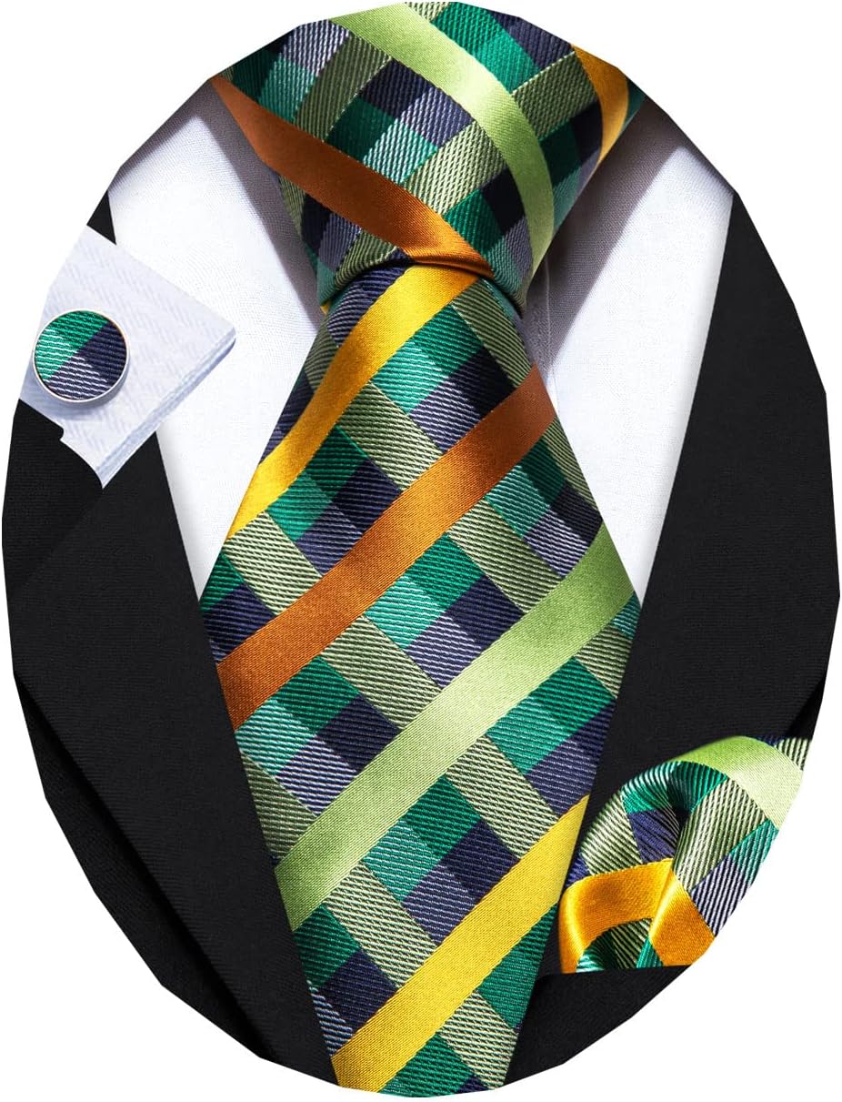 Barry.Wang Designer Classic Ties for Men Set Formal Pocket Square Cufflink Check Plaid