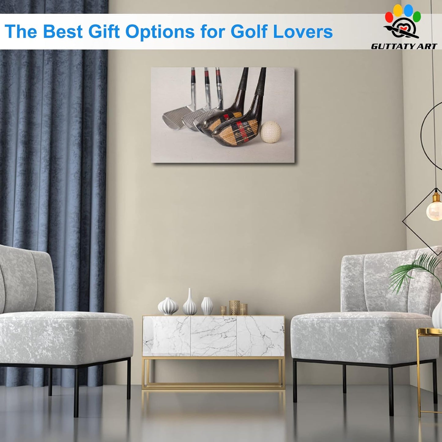 Golf Canvas Wall Art, Modern Golf Clubs Picture for Living Room Wall Decor, Men's Sports Golf Balls Poster Prints for Home Decor, Framed Artwork for Office Bathroom Decor Ready to Hang 12x18 Inches