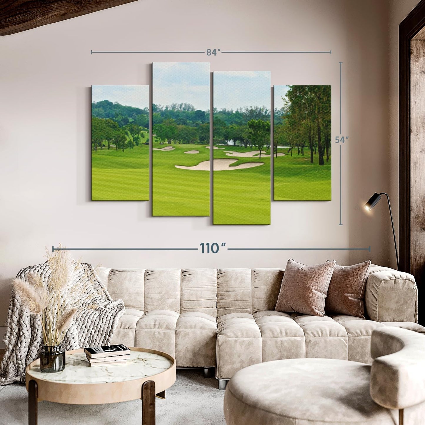 Elephant Stock Beautiful Golf Course Wall Art - Horizontal Canvas - 4-Piece Living Room Wall Decor - Tree Photography Canvas Print - Green and Blue Decor for Wall - 84" X 54"