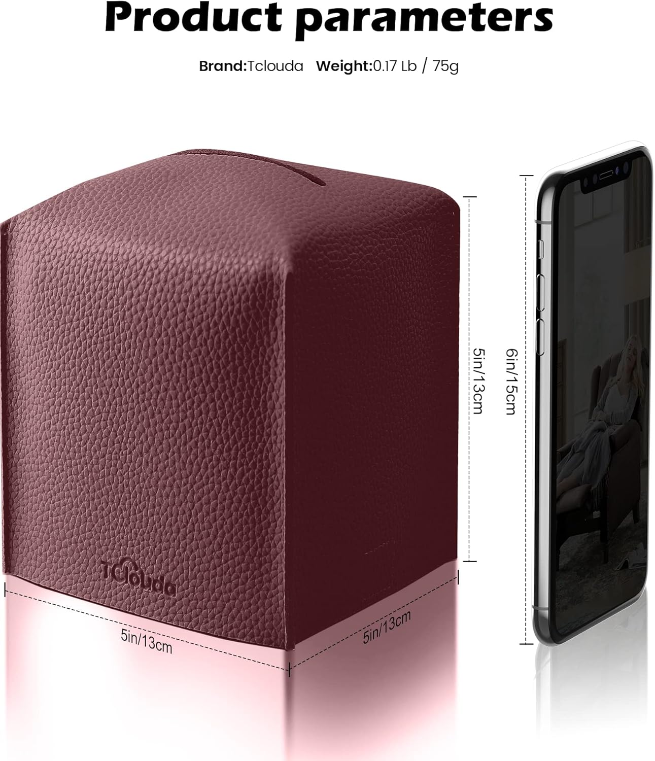 Tissue Box Cover for PU Leather, Modern Simple Solid Color Holder Square Tissue Bag, Ideal for Bathrooms,Office,Car,Nightstand,Outdoor Tent,Dining Table,5"X5"X5", Single Wine