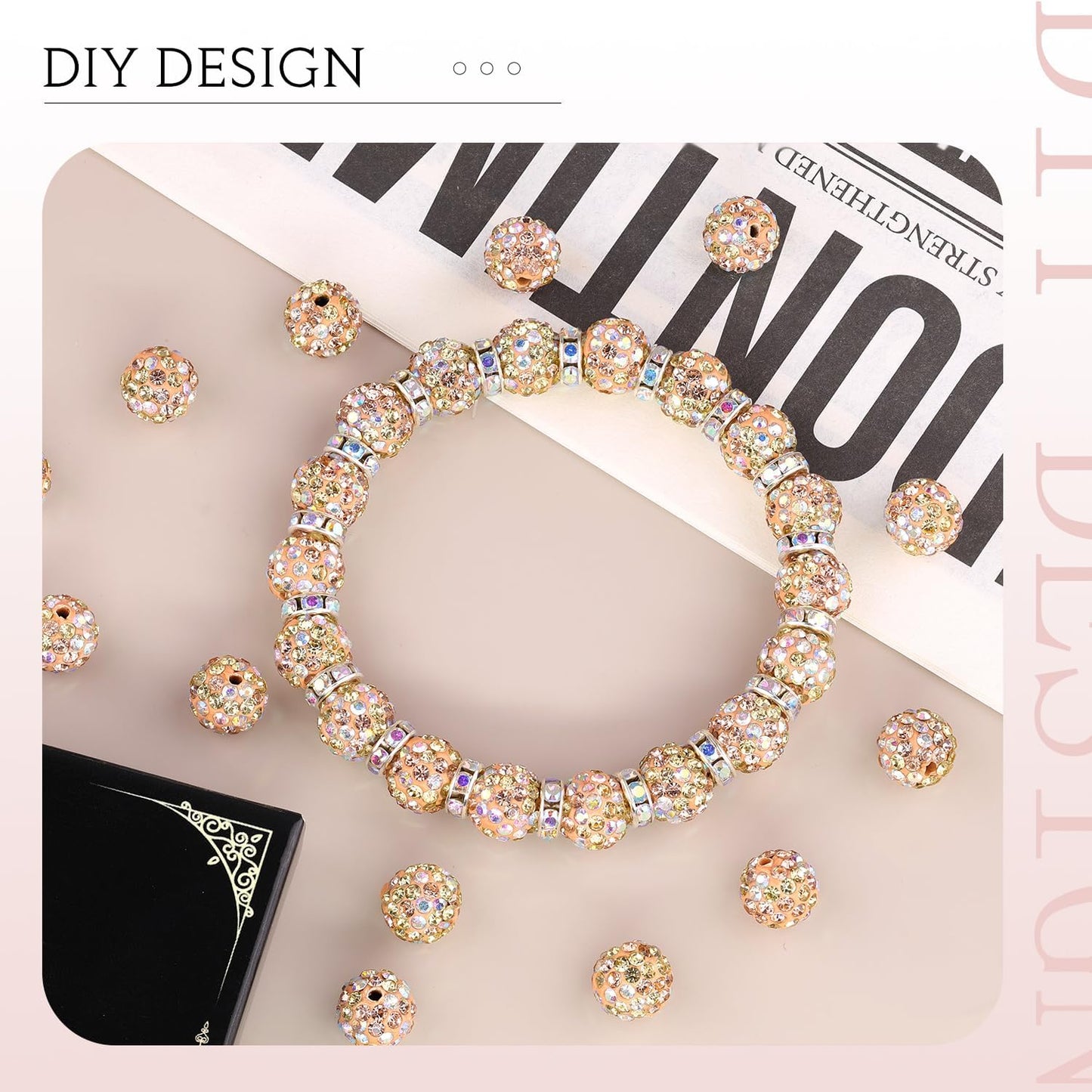 100pcs 10mm Rhinestone Beads for Jewelry Making, Light Peach AB Shiny Round Shamballa Disco Beads Bulk, Sparkle Crystal Clay Christmas for Bracelet Baseball Necklace Earring Crafting and DIY