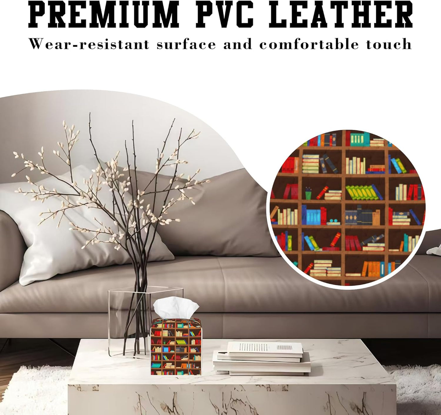 Books in Bookcase Tissue Box Cover Square, Library Shelves Tissue Box Holder Leather Facial Paper Case Decorative Organizer Holder Dispenser Home Office Car Decor