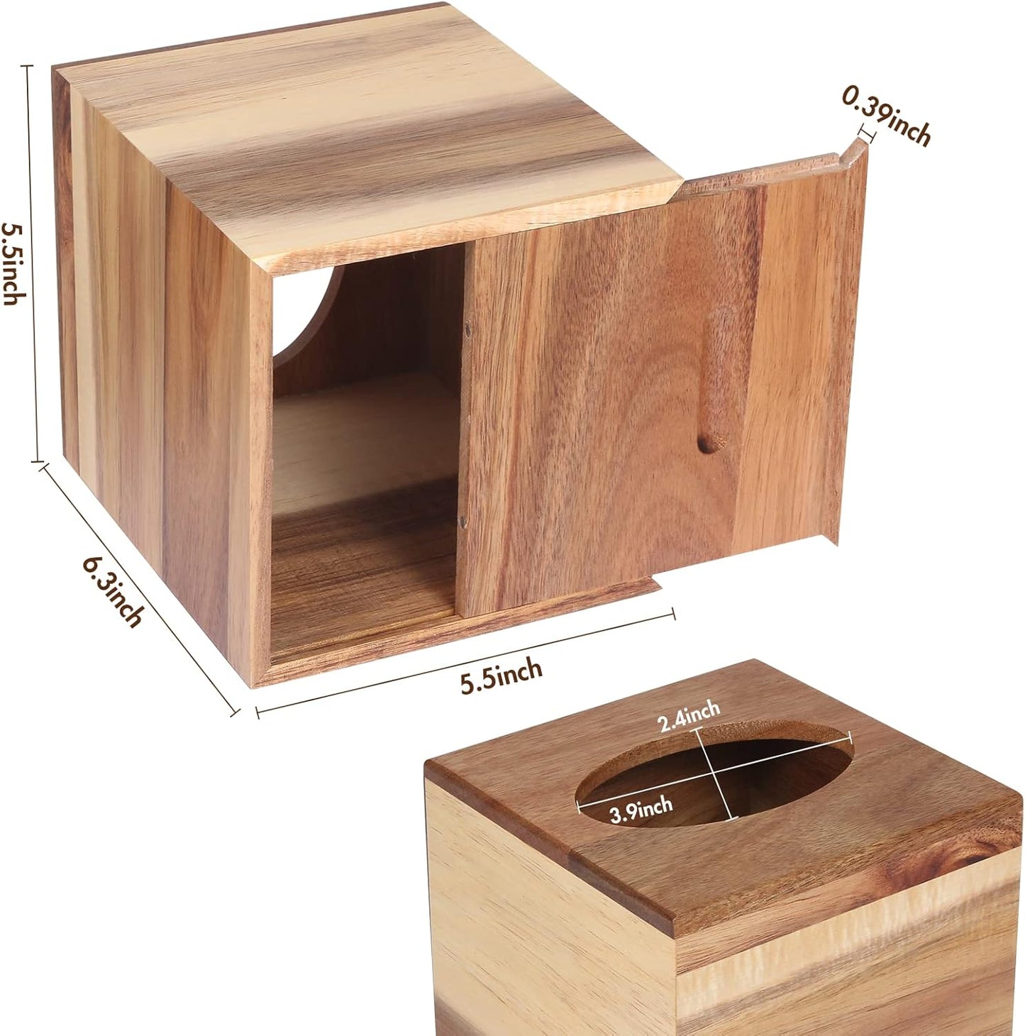 Tissue Box Cover, Acacia Wood Square Tissue Box Holder with Slide-Out Bottom for Bathroom, Bedroom, Dinner Table, Office