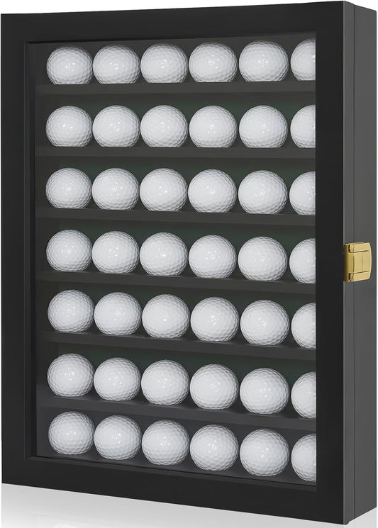 Golf Ball Display Case, Solid Wood Golf Ball Holder, Wall Mounted Golf Ball Rack with Acrylic Door for Golf Enthusiasts (Black, for 42 Golf Balls)