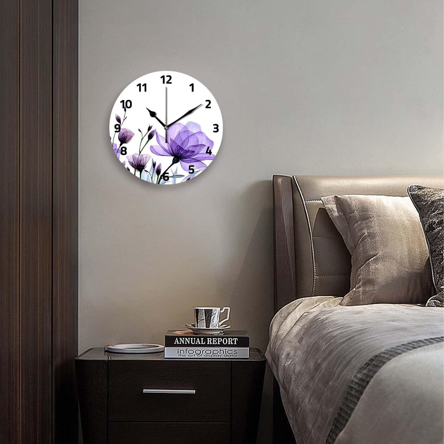 Battery Operated Wall Clocks 12 Inch,Purple Flowers,Silent Home Decor for Bathroom,Living Room,Bedroom