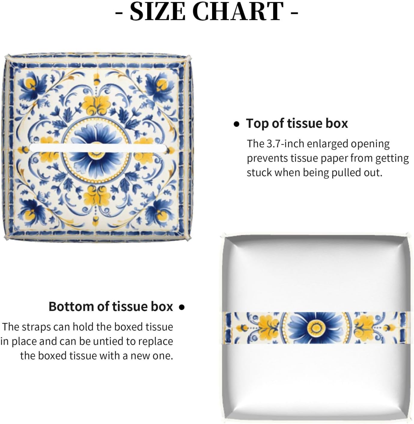 Tissue Box Cover Blue Yellow Antique Tiles Ornament Square PU Leather Tissue Box Holder for Car Bathroom Bedroom Desk Tabletop Decor