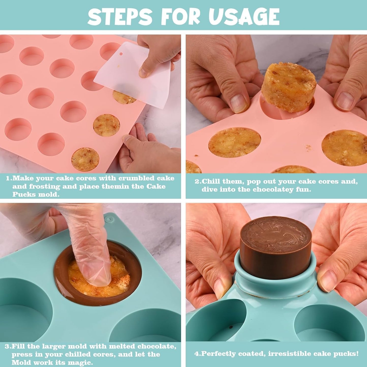 Actvty Cake Puck Mold Set, Chocolate Covered Cake Silicone Molds, 24-Cavity Round Cake Pop Molds with 2 Spatulas for DIY Cake Cores, Cakepucks, Chocolate Desserts