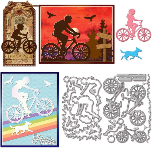 GLOBLELAND Cycling Bicycle Cutting Dies for DIY Scrapbooking Metal Cyclist Rider Cut Dies Bikes and Birds Die Cuts for Card Making Embossing Photo Album Craft Decor