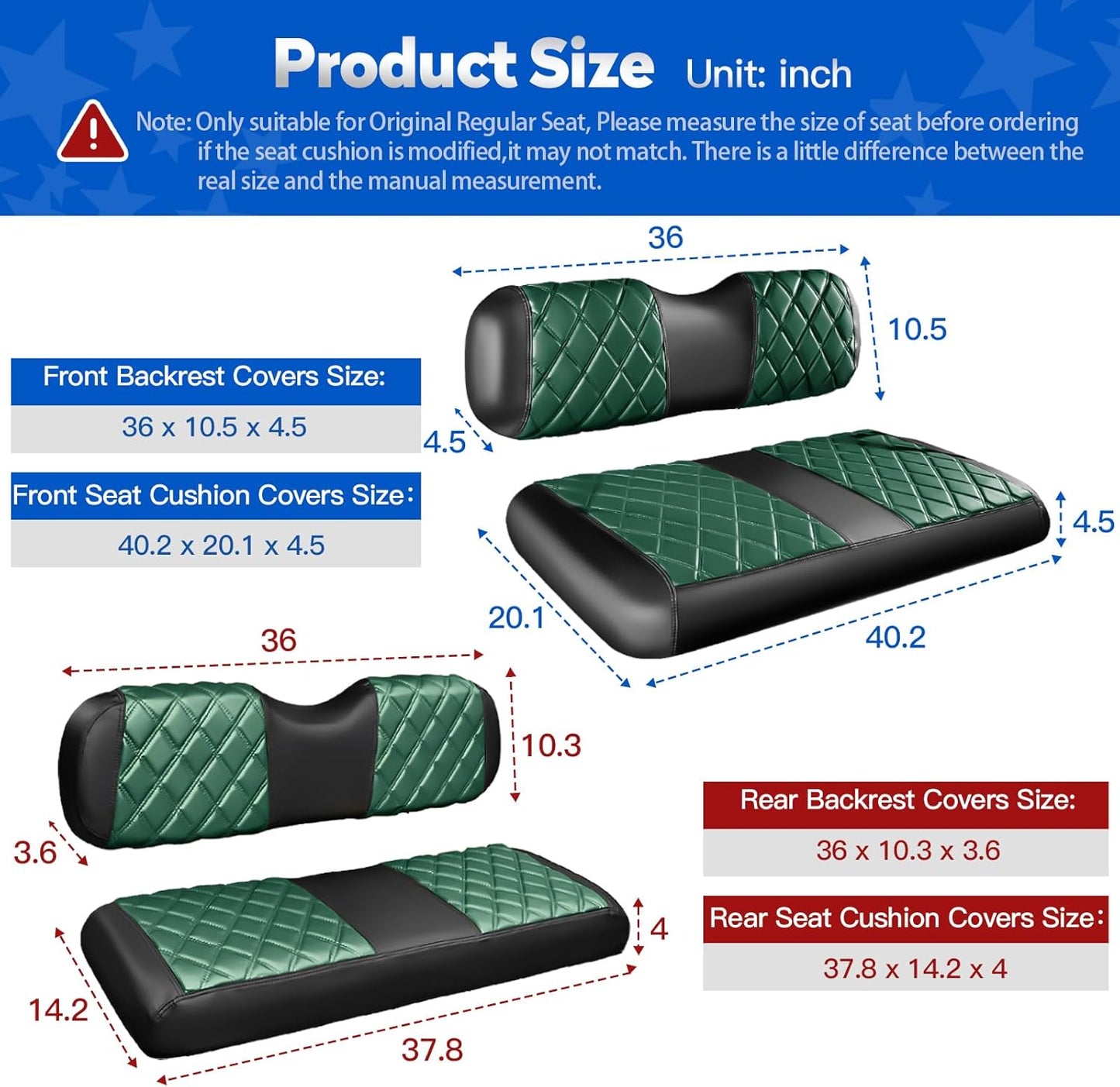 NOKINS 4PCS Golf Cart Diamond Seat Covers Kit, Front&Rear Seat Covers Fits EZGO TXT 1994-2013/EZGO RXV Standard Seat Cushion, EZGO Vinyl Seat Cover Accessories, No Staples (Dark Green&Black)