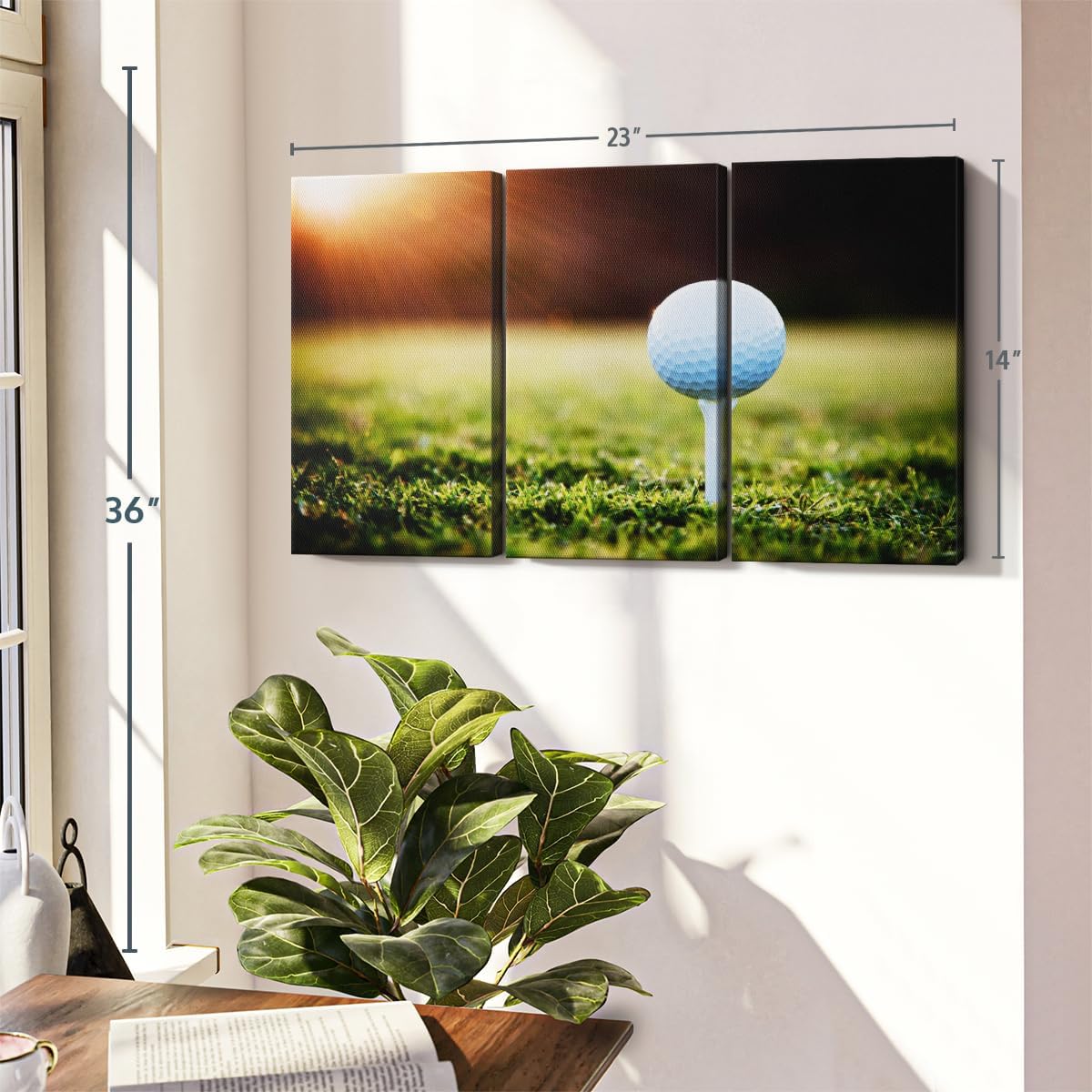 ElephantStock Golf Ball Tee Wall Art - Horizontal Canvas - 3-Piece Living Room Wall Decor - Photography Photographic Canvas Print - Black and White Decor for Wall - 23" X 14"