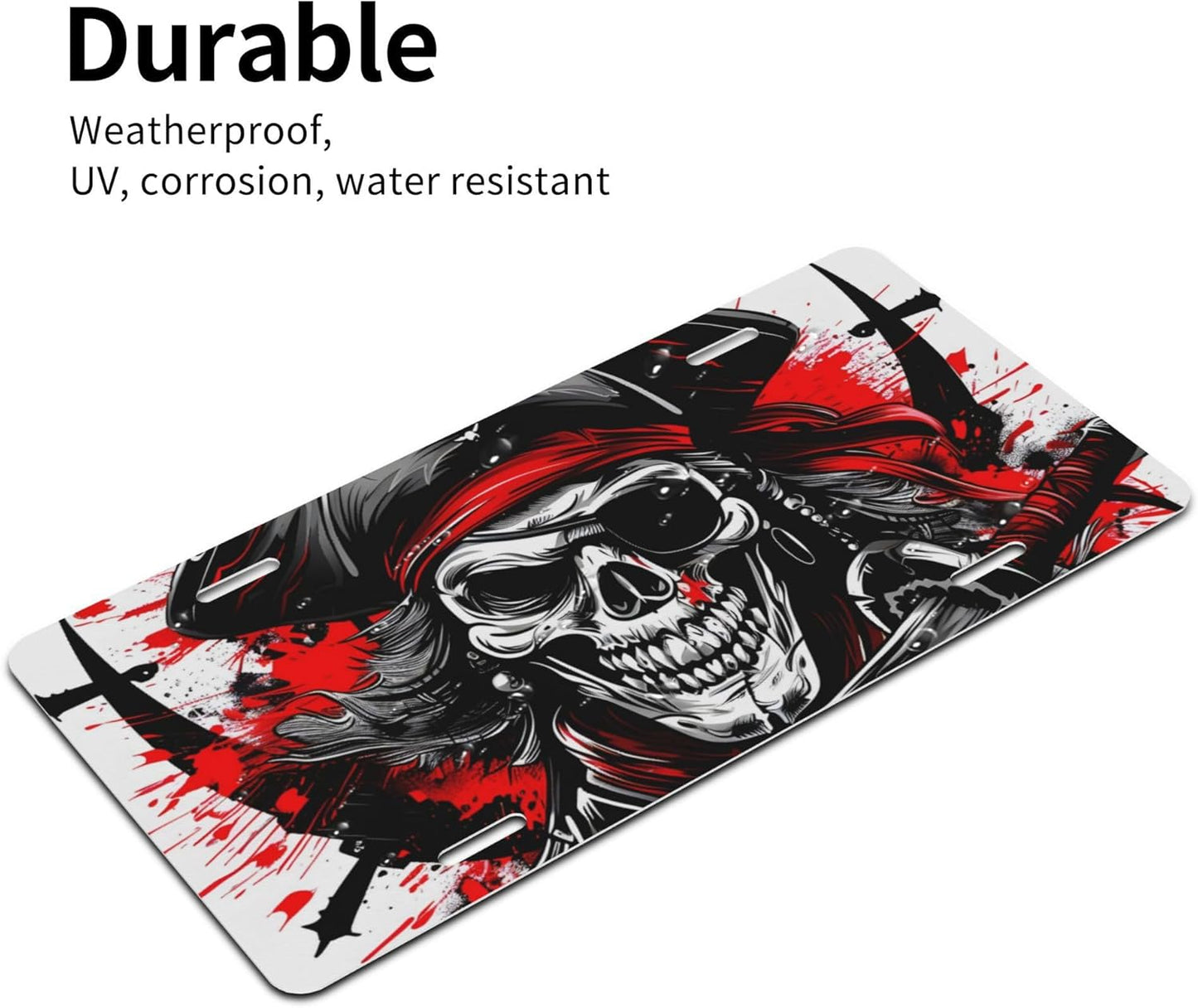 Front License Plate for Car Designs Red Black Skull Pirate Stainless License Plate Cover Holder for Men Women Metal Aluminum Decorative Accessory Vanity Tag Standard 6 X 12 Inch (4 Holes)