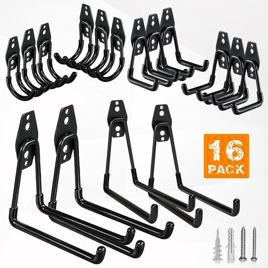 Garage Hooks,16 Pack Garage Hooks Heavy Duty,Utility Steel Garage Storage Hooks,Wall Mount Garage Hanger&Organizer for Organizing Power Tools,Ladders,Bulk Items,Bikes,Ropes and More Equipment