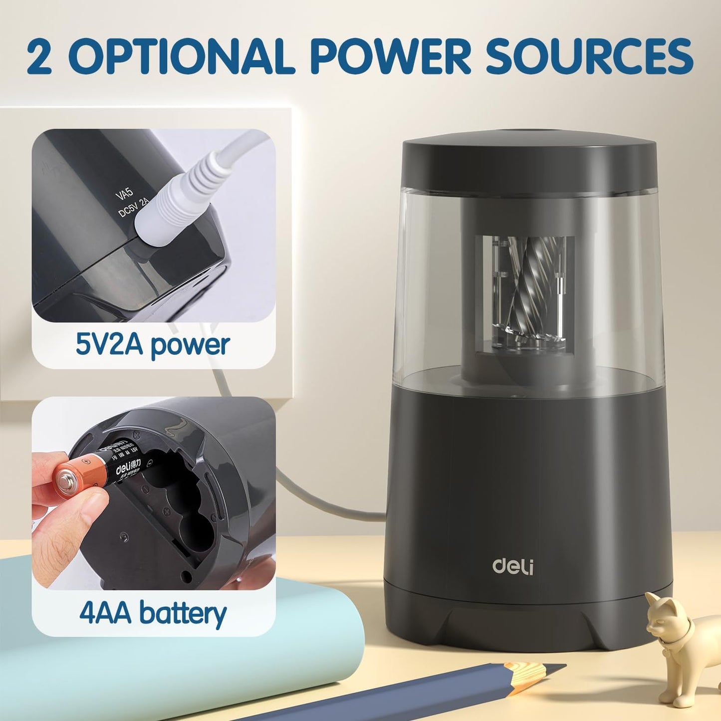 Deli Electric Pencil Sharpener, Automatic Pencil Sharpeners for No.2 Pencils Colored Pencils, Auto Stop, USB & Battery Operated for Kids, Students, Classroom, Home and Office, Black
