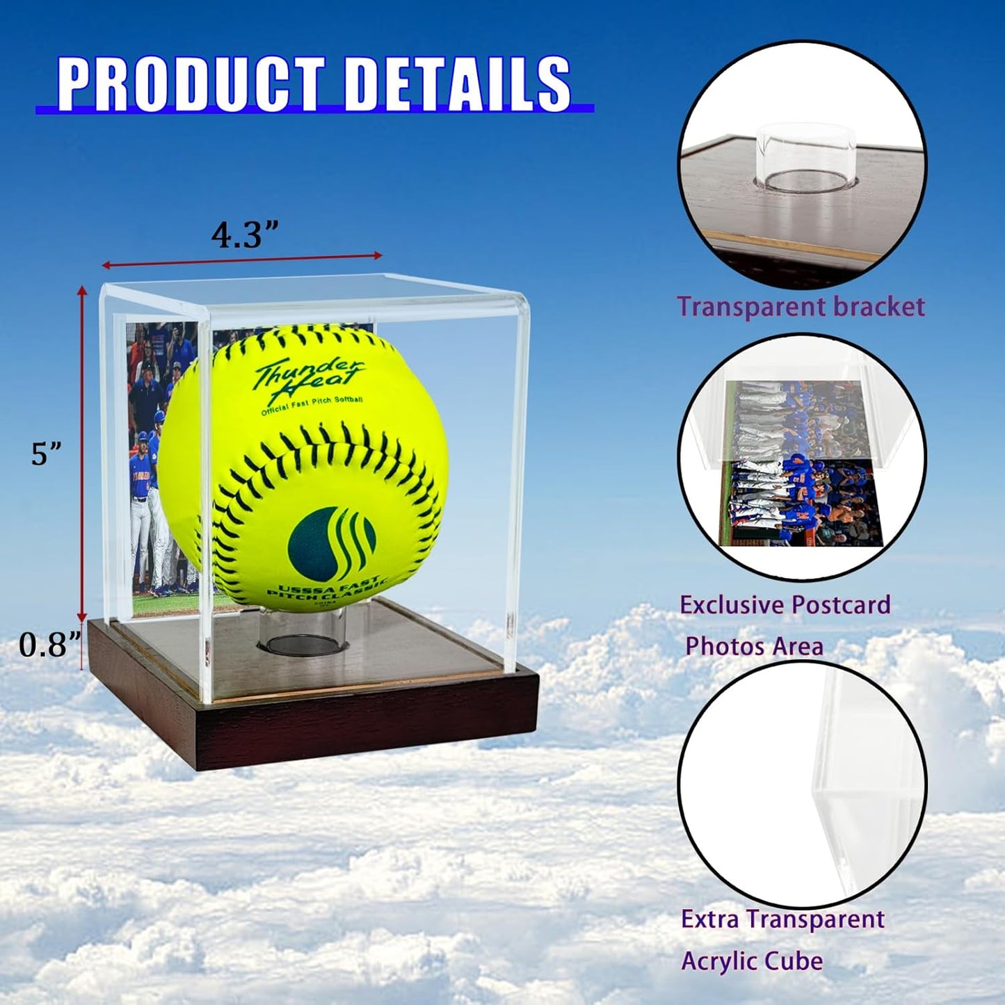 Clear Softball Display Case with Wood Base and Compartment for Photos,Cards,Acrylic Ball Display Holder for 12 inch Softball,UV Protected Cube Stand for Tennis Ball Baseball,Sport Collection Showcase