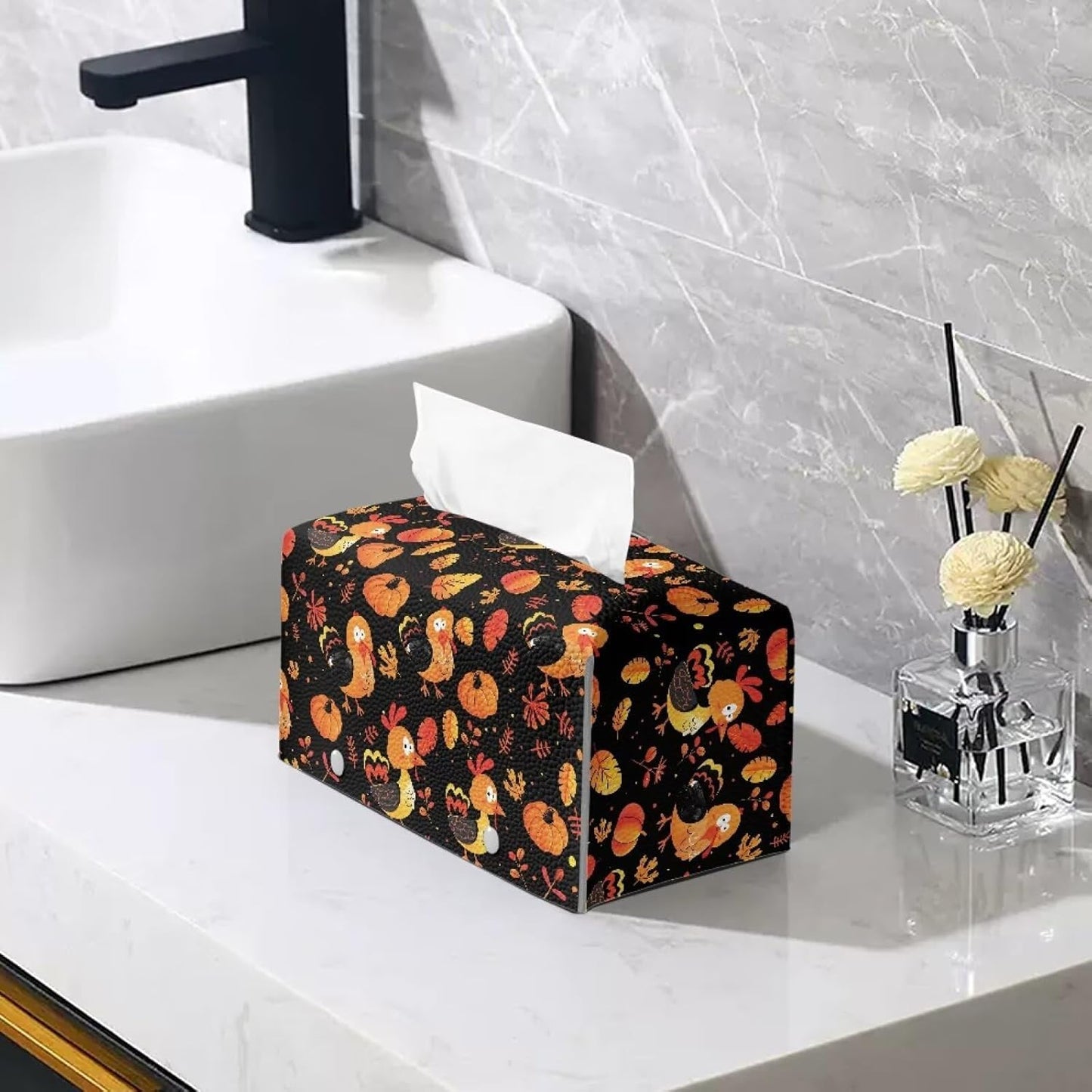 Cute Turkey Tissue Box Cover Rectangular PU Leather Facial Tissue Box Holder for Thanksgiving Day Home Decor Foldable Easy to Storage or Take