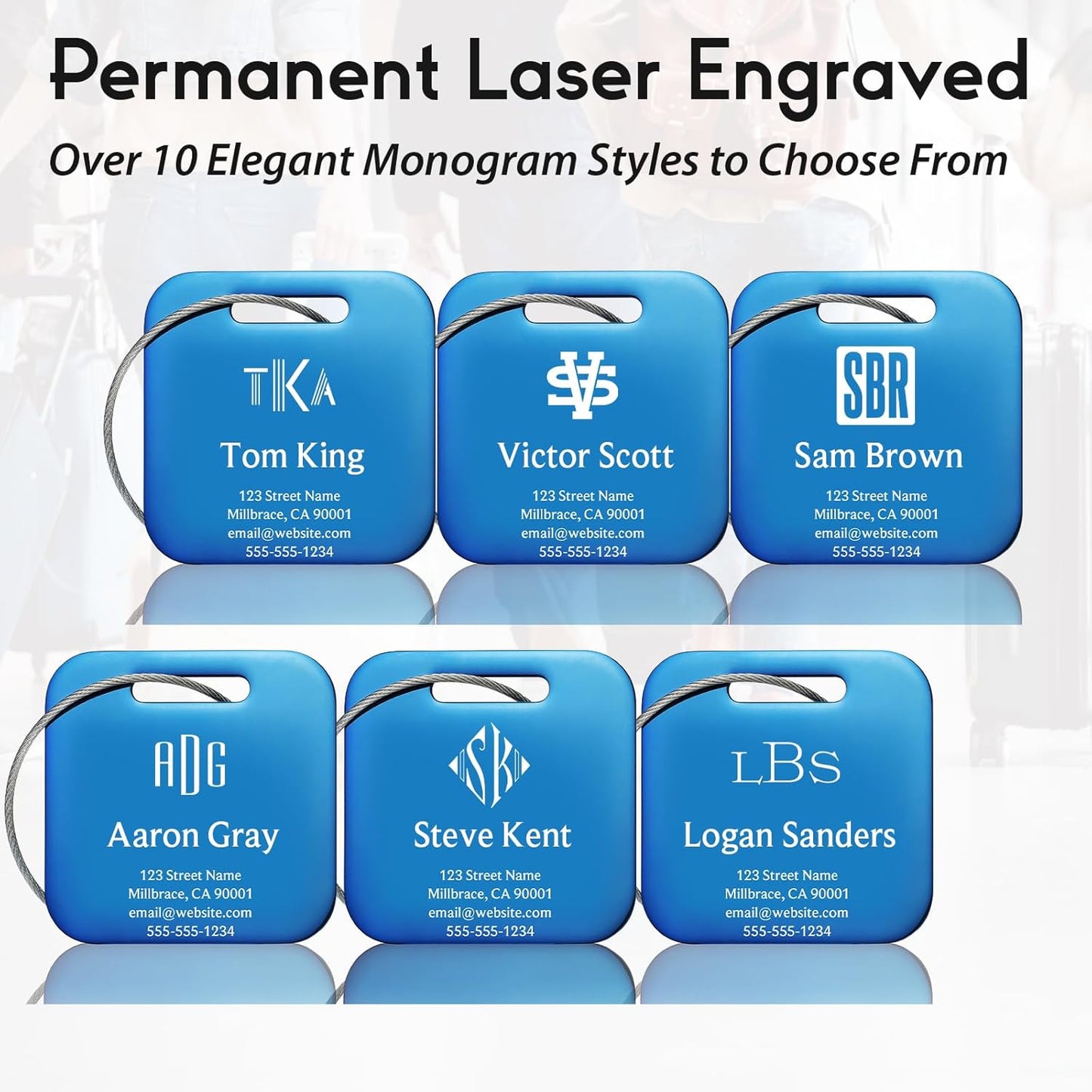 Personalized Luggage Tags for Suitcases - Stainless Steel Custom Luggage Tags for Backpacks & Bags, Sturdy, Waterproof & Heavy Duty (Blue/Square)