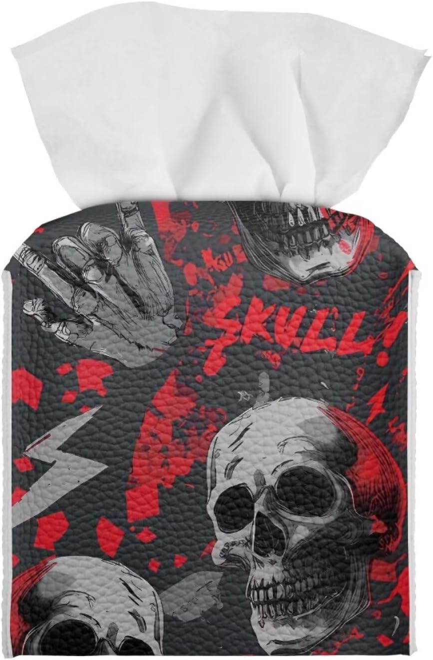 Skull Tissue Box Cover Halloween Tissue Box Holder 5x5x5 inch Decorative Holiday Napkin Dispenser Organizer Home Decor for Car Office Table Desk Kids Room