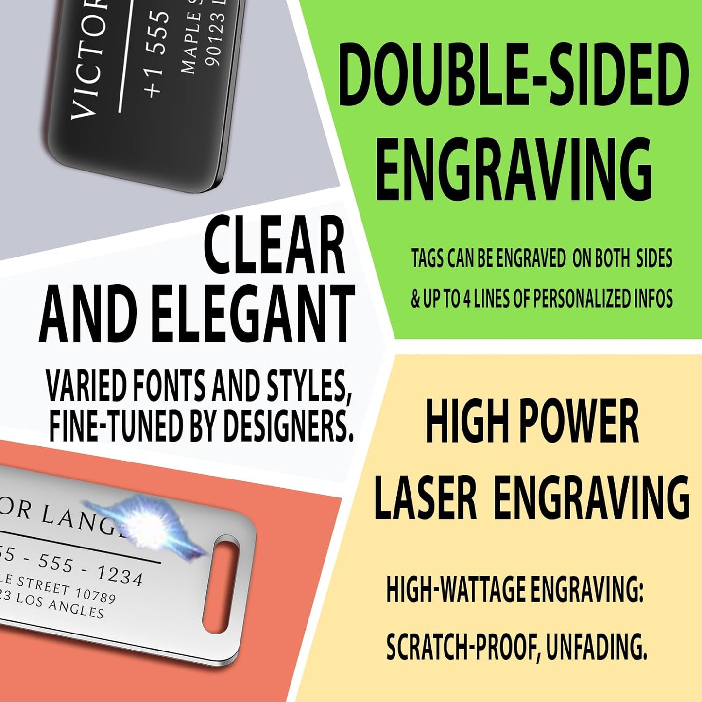 Personalized Luggage Tags for Suitcases - Stainless Steel Custom Luggage Tags for Backpacks & Bags, Sturdy, Waterproof & Heavy Duty (Black / 3" x 1.25")