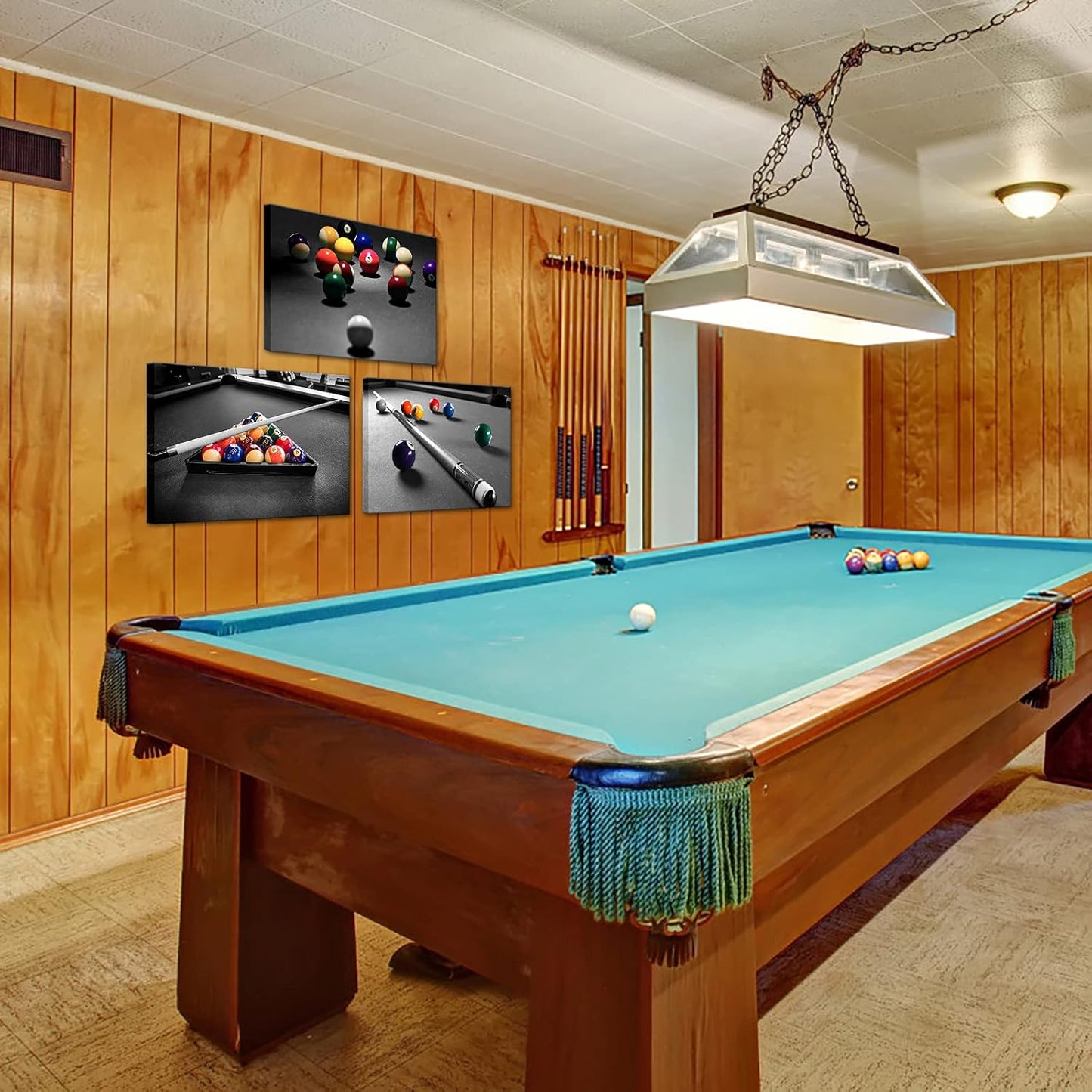 Apicoture Billiards Art Canvas Wall Decor - Black And White Billiard Balls Pool Table Picture Prints Framed For Mens Berdroom Home Office Room Wall Decor Ready To Hang 16"X24"X3 Pieces