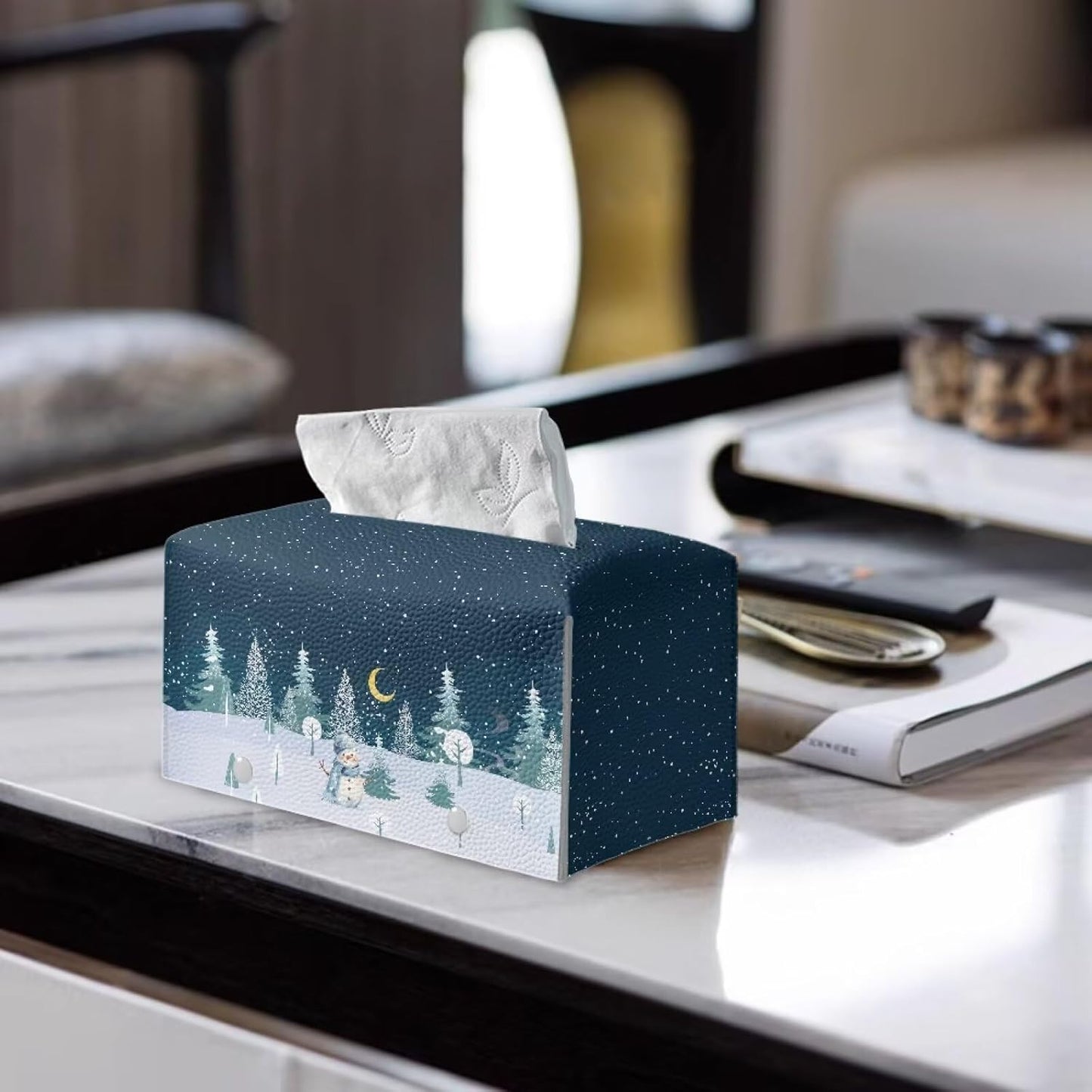Winter Christmas Tree Snowman 9.7x5.2x5.12 Pu Leather Rectangle Tissue Box Modern Decorative Tissue Box Case Organizer Holder Practical Stable Tissue Box Organizer for Home