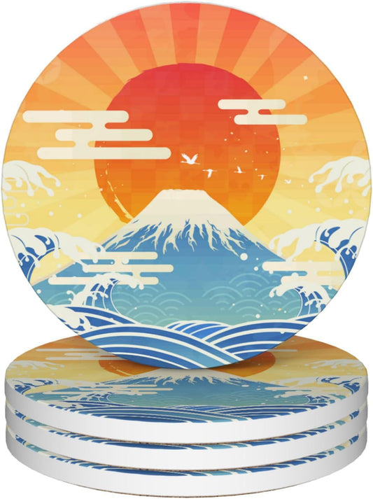 Drinks Coasters Set of 4, Japanese Style Sun Round 4" Cup Coasters, Absorbent Ceramic Stone Coasters with Cork Base, Cute Coasters for Table Home Décor, Ideal Gifts for Women Men