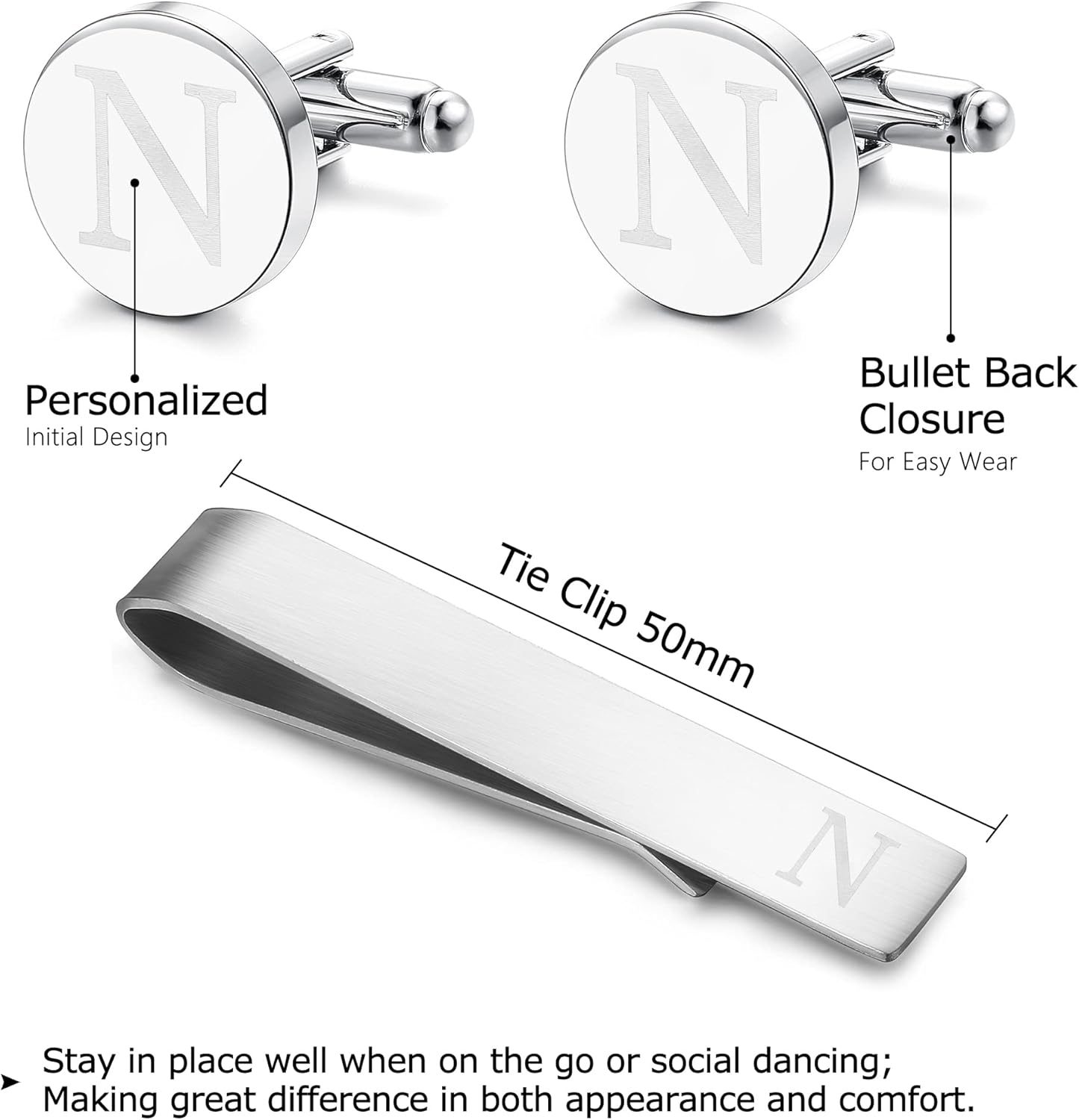 LOYALLOOK Stainless Steel Engraved Initial Cufflinks and Tie Clip Bar Set Alphabet Letter With Gift Box A-Z