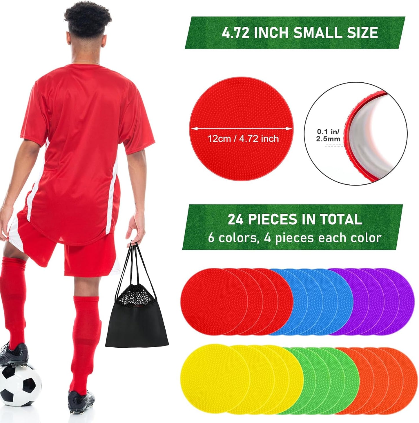 Poly Spot Markers for Gym Floor 4.72/6/9 Inch 24 Pcs Poly Spots, Non-Slip Rubber Floor Dots Agility Markers Flat Cones for Sports Soccer PE Training, Dance, Classroom Activities